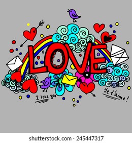 Hand drawn vector illustration of heart. Template for Saint Valentine's day. Love card.Hand drawn curled vector heart. Love hand lettering and doodles elements. Vector illustration