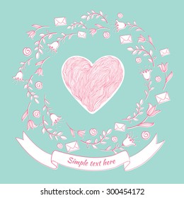 Hand drawn vector illustration with heart, ribbon and floral frame.