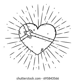 Hand drawn vector illustration heart with fashion harness and divergent rays. Used for poster, banner, web, t-shirt print, bag print, badges, flyer, logo design and more. Cartoon heart