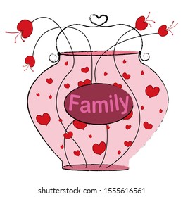 Hand drawn vector illustration with hearts and sprouts of love in a glass jar with label Family. Isolated objects on white background. Design concept for kids, card, poster.
