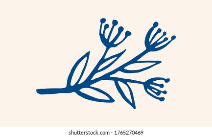 Ilustración vectorial dibujada a mano de hierbas. Doodle floral. Símbolo de primavera y verano. Dibujo en línea de contorno de ramas y flores simples de color