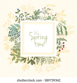 Hand drawn vector illustration of herbs and flowers. Retro card of spring elements on light background can be used for invitation, banner template, flyer, sale, website, cover. Art concept.