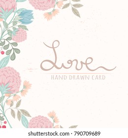 Hand drawn vector illustration of herbs and flowers. Retro card of spring elements on light background can be used for invitation, banner template, flyer, sale, website, cover. Art concept.