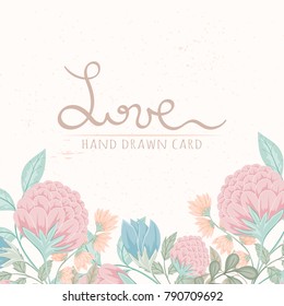 Hand drawn vector illustration of herbs and flowers. Retro card of spring elements on light background can be used for invitation, banner template, flyer, sale, website, cover. Art concept.