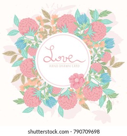 Hand drawn vector illustration of herbs and flowers. Retro card of spring elements on light background can be used for invitation, banner template, flyer, sale, website, cover. Art concept.
