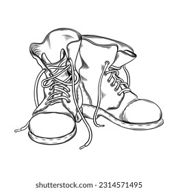 Hand drawn vector illustration with hiking boots isolated on white background. Old vintage hiking boots. Wanderlust. Adventure. Travel. For t-shirt design, posters, stickers, tatoo. Engraving style