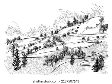 Hand drawn vector illustration of hills nature landscape with trees, houses and barns