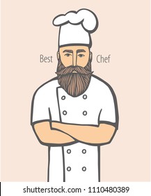 Hand drawn vector illustration of hipster chief-cooker with a mustache and beard in a white dress. chief-cooker  logo.
