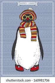 Hand Drawn Vector Illustration of Hipster Penguin, Seasonal Greeting Card