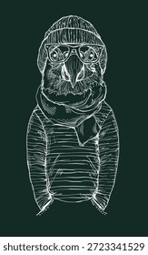 Ilustração vetorial desenhada à mão de um pássaro hipster usando óculos, chapéu de gorro e cachecol. Caractere de esboço elegante com cores pastel, isolado no fundo verde escuro.
