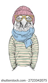 Ilustração vetorial desenhada à mão de um pássaro hipster usando óculos, chapéu de gorro e cachecol. Caractere de esboço elegante com cores pastel, isolado no fundo branco.