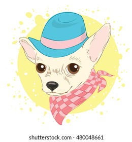 Hand drawn vector illustration of hipster dog for cards, t-shirt print, placard. Fashion portrait of chihuahua dog wearing hat and cravat.