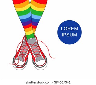 Hand drawn vector illustration his feet in sneakers and multicolored striped stockings.