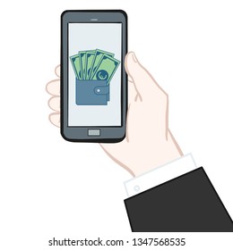 Hand drawn vector illustration of a hand holding a smartphone and paying digitally.