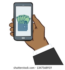 Hand drawn vector illustration of a hand holding a smartphone and paying digitally.