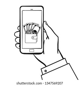 Hand drawn vector illustration of a hand holding a smartphone and paying digitally.