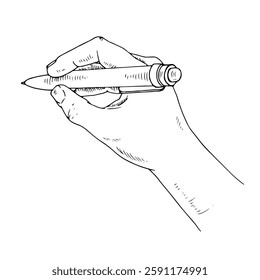Handgezeichnete Vektorgrafik einer Hand, die einen Stift hält, perfekt für Schreibwaren und Bürodesigns. Schwarz-Weiß-Linie Kunstskizze, ideal für Planer und Zeitschriften. Einzige Zeichnung in Draufsicht