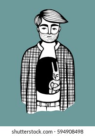Hand drawn vector illustration of With a hole in his chest and a sad bunny inside. The symbol of isolation, loneliness and problems