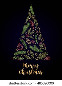 Hand drawn vector illustration - Holiday tree with winter elements composition. Merry Christmas card with lettering. Perfect for invitations, greeting cards, prints, flyers, posters etc