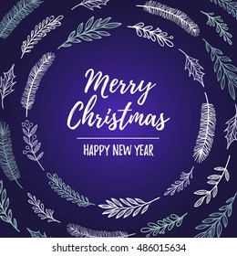 Hand drawn vector illustration - Holiday wreath with floral design elements. Merry Christmas card with lettering. Perfect for invitations, greeting cards, prints, flyers, posters 