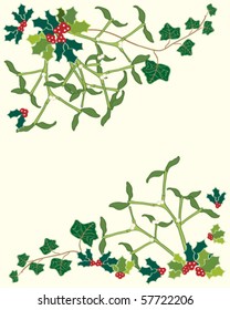 a hand drawn vector illustration of holly mistletoe and ivy leaves on a cream background