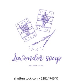 Hand drawn vector illustration of the homemade lavender soap, line sketch.