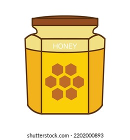 Hand drawn vector illustration of honey in hexagonal glass jar isolated on white background.