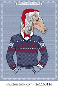 Hand Drawn Vector Illustration of Horse Hipster, Greeting Card