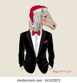 Hand Drawn Vector Illustration of Horse in Santa Hat and Tuxedo, Party Look, Happy New Year