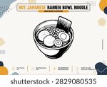 Hand drawn vector illustration of a hot bowl of Japanese ramen noodles with boiled egg, meat slice, nori seaweed, and green onions.