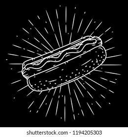 Hand drawn vector illustration with hot dog and divergent rays. Used for poster, banner, web, t-shirt print, bag print, badges, flyer, logo design and more. 