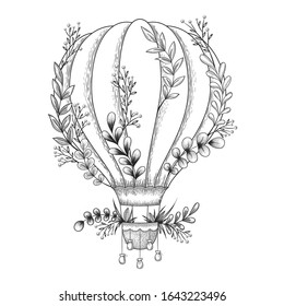 Hand drawn vector illustration with hot air balloon, plants and floral elements