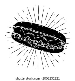 Hand drawn vector illustration with hot dog and divergent rays. Used for poster, banner, web, t-shirt print, bag print, badges, flyer, logo design and more.