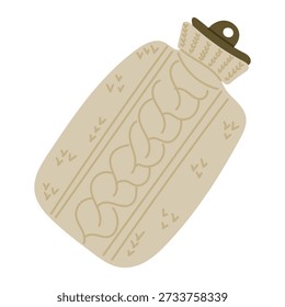 Hand drawn vector illustration of a hot water bottle with knitted cover isolated on white background. The image represents warmth, comfort, winter care and cozy home relaxation concept