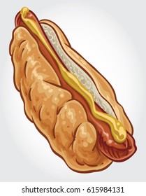 Hand drawn vector illustration of a hot dog sandwich with mustard.