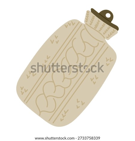 Hand drawn vector illustration of a hot water bottle with knitted cover isolated on white background. The image represents warmth, comfort, winter care and cozy home relaxation concept