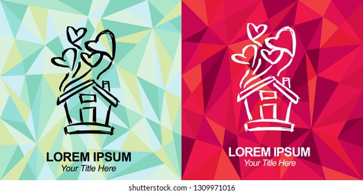 Hand Drawn Vector Illustration of House with Green and Red Polygon Geometric Background