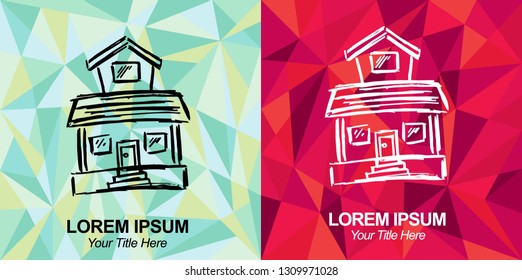 Hand Drawn Vector Illustration of House with Green and Red Polygon Geometric Background
