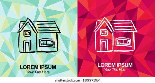 Hand Drawn Vector Illustration of House with Green and Red Polygon Geometric Background