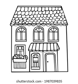 Hand drawn vector illustration. House with tile roof. Linear ink pen drawing. Sketch doodle style, single object, isolated black on white