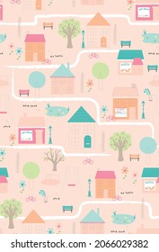 Vector dibujado a mano Ilustración del patrón ininterrumpido de la casa. Se puede usar para la impresión de camisetas para bebés, diseño de impresión de moda, ropa para niños, saludo de celebración de la ducha de bebé y tarjeta de invitación.