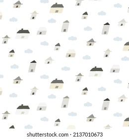Ilustración vectorial dibujada a mano de la casa con patrón de nube  en un estilo de caricatura mínimo. Papel tapizado para niños textil, tejido, papel de envolvimiento, productos impresos. Un pueblo muy bonito.