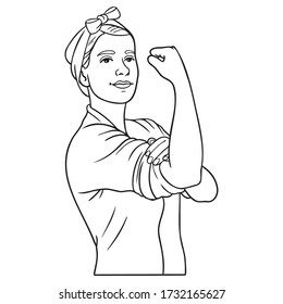 Hand drawn vector illustration of a housewife rolling up her sleeves and clenching a fist. monochrome, comic, departure.