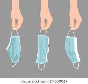 Hand drawn vector illustration of a human hands holding a used surgical face masks, that provides some protection against the spread of diseases and viruses to the wearer.