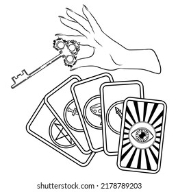 Hand drawn vector illustration with human hand, key and tarot cards on white background. Prediction concept. All seeing eye, cupa, pentacles, swords, wands. Occultism, esoteric, spirituality, massons