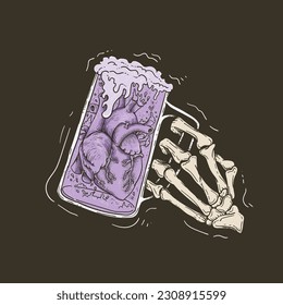 Hand drawn vector illustration of human skeleton and beer. Isolated on dark background