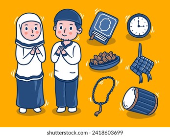 hand drawn vector illustration human character set ramadhan theme