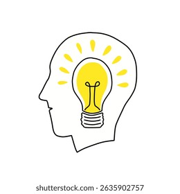 Hand drawn vector illustration of a human head with a light bulb symbolizing innovation, inspiration, and problem solving ideas. Mind and creativity light bulb graphic