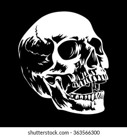 Hand drawn vector illustration of a Human Skull in black and white colors
