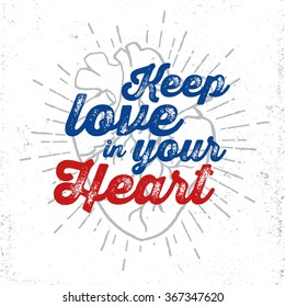 Hand drawn vector illustration of human heart with inspirational lettering.